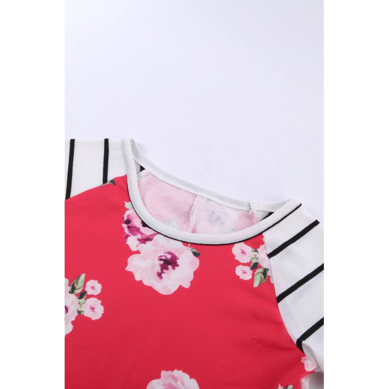 Red Spring Fling Floral Striped Sleeve Short Dress for Kids