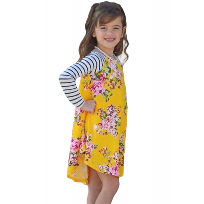 Yellow Spring Fling Floral Striped Sleeve Short Dress for Kids