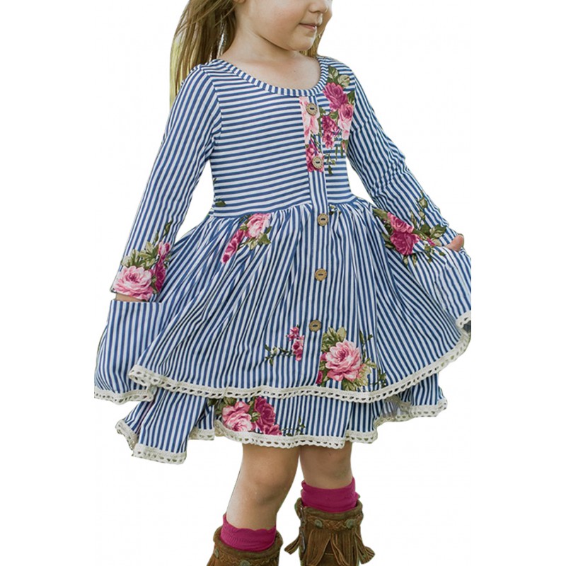 Blue Sweet Striped Floral Kids Dress