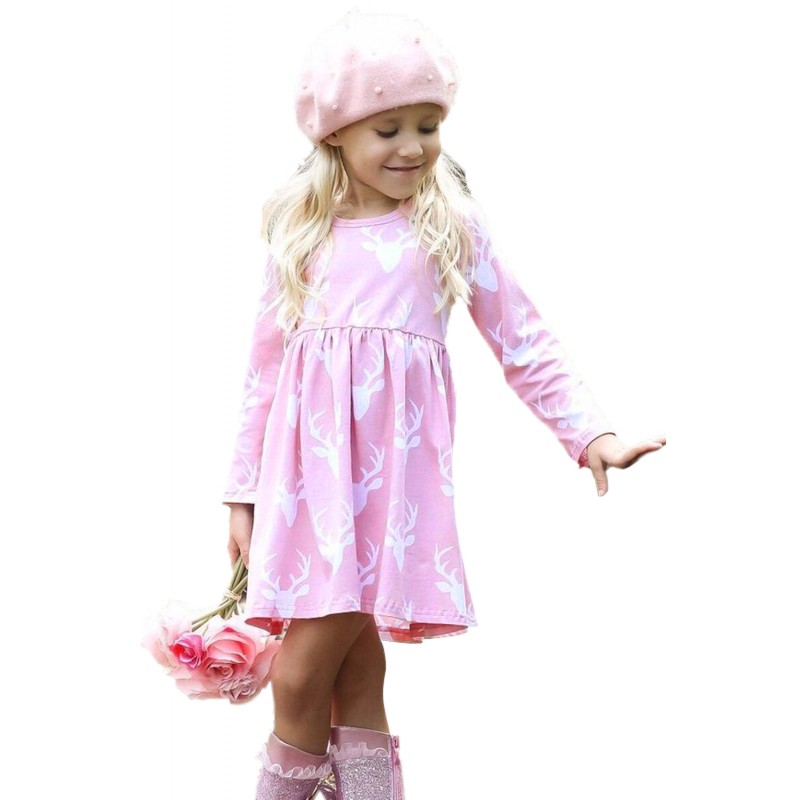 Pink Christmas Deer Print Long Sleeve Girl Dress