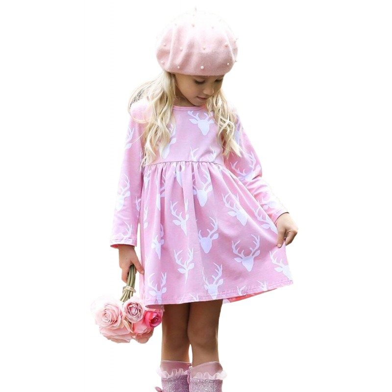 Pink Christmas Deer Print Long Sleeve Girl Dress