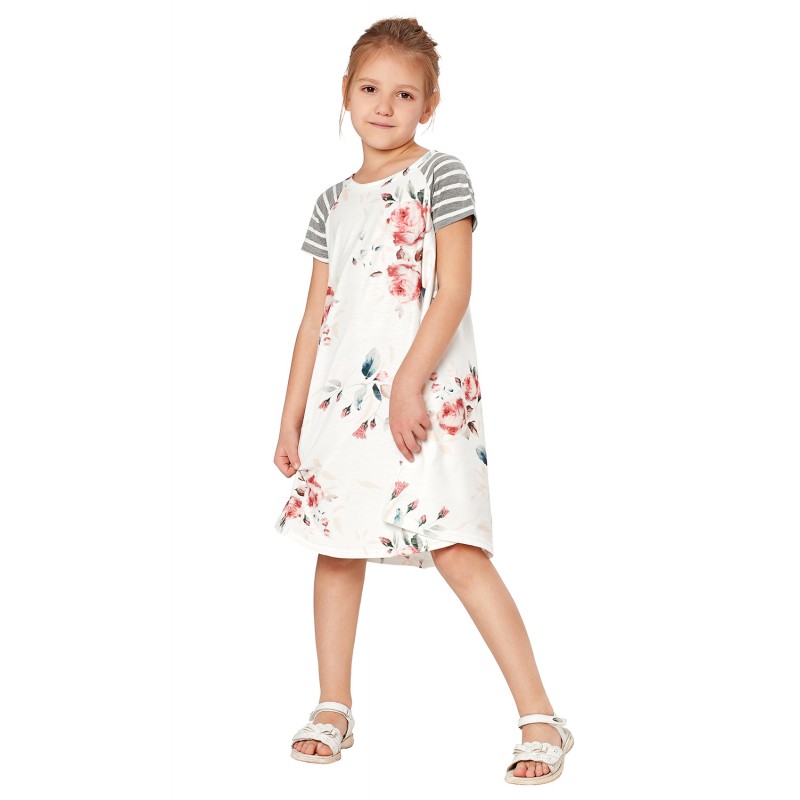 White Stripes Short Sleeve Floral Little Girl Dress