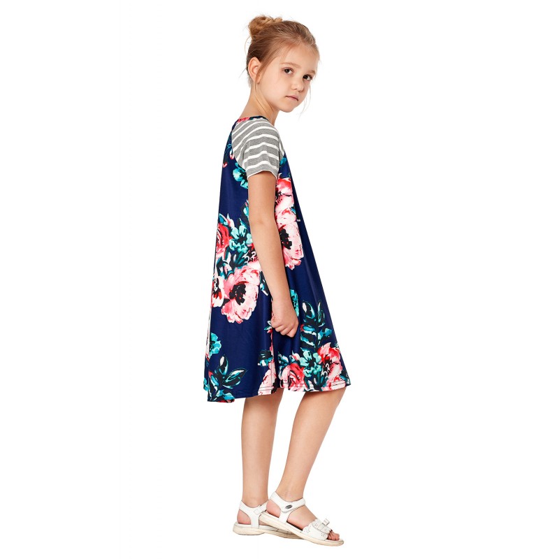 Blue Stripes Short Sleeve Floral Little Girl Dress