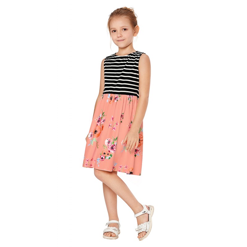 Pink Toddlers Floral and Striped Tank Dress