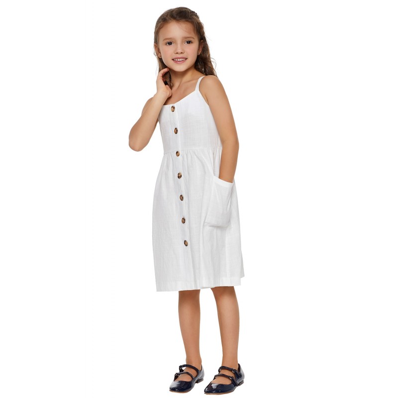 White Little Girls Spaghetti Strap Button Dress with Pockets