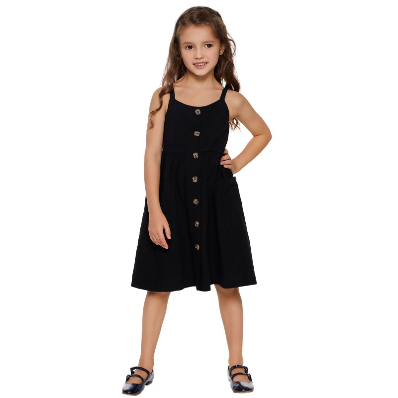 Black Little Girls Spaghetti Strap Button Dress with Pockets