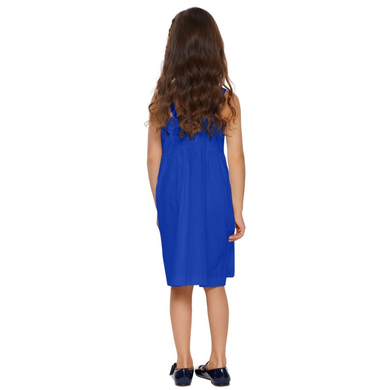 Blue Little Girls Spaghetti Strap Button Dress with Pockets