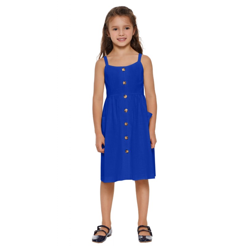 Blue Little Girls Spaghetti Strap Button Dress with Pockets