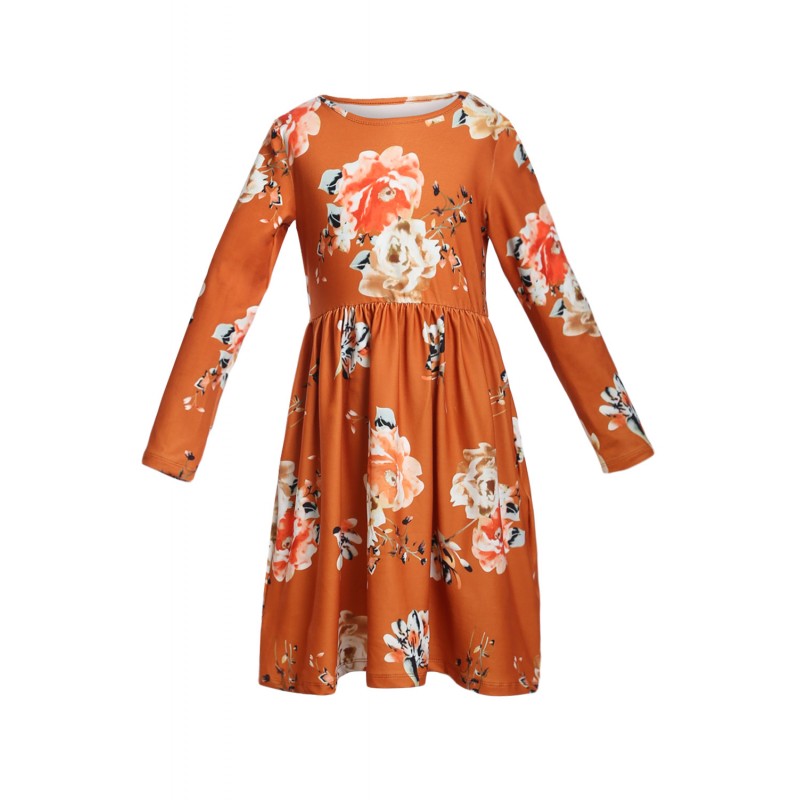 Floral Orange Swing Dress with Hidden Pockets