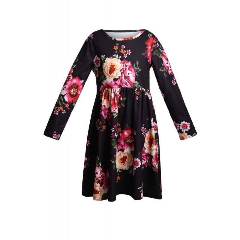 Floral Black Swing Dress with Hidden Pockets