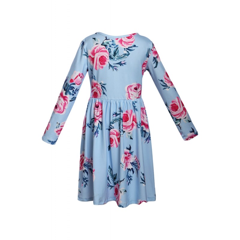 Floral Light Blue Swing Dress with Hidden Pockets