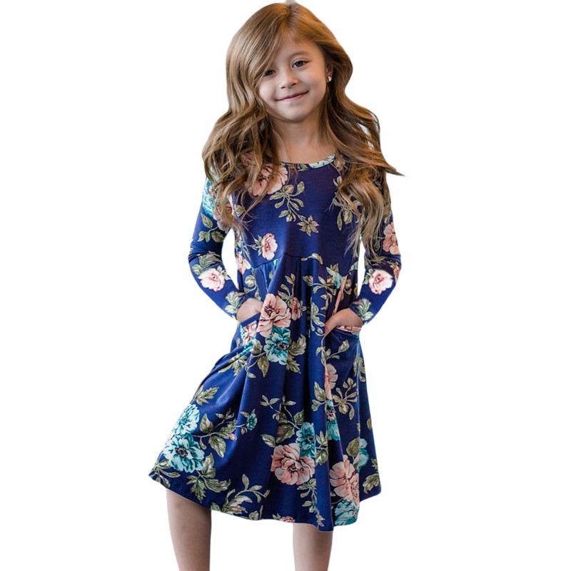 Floral Blue Swing Dress with Hidden Pockets