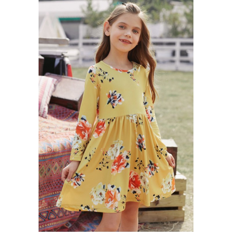 Floral Mustard Swing Dress with Hidden Pockets