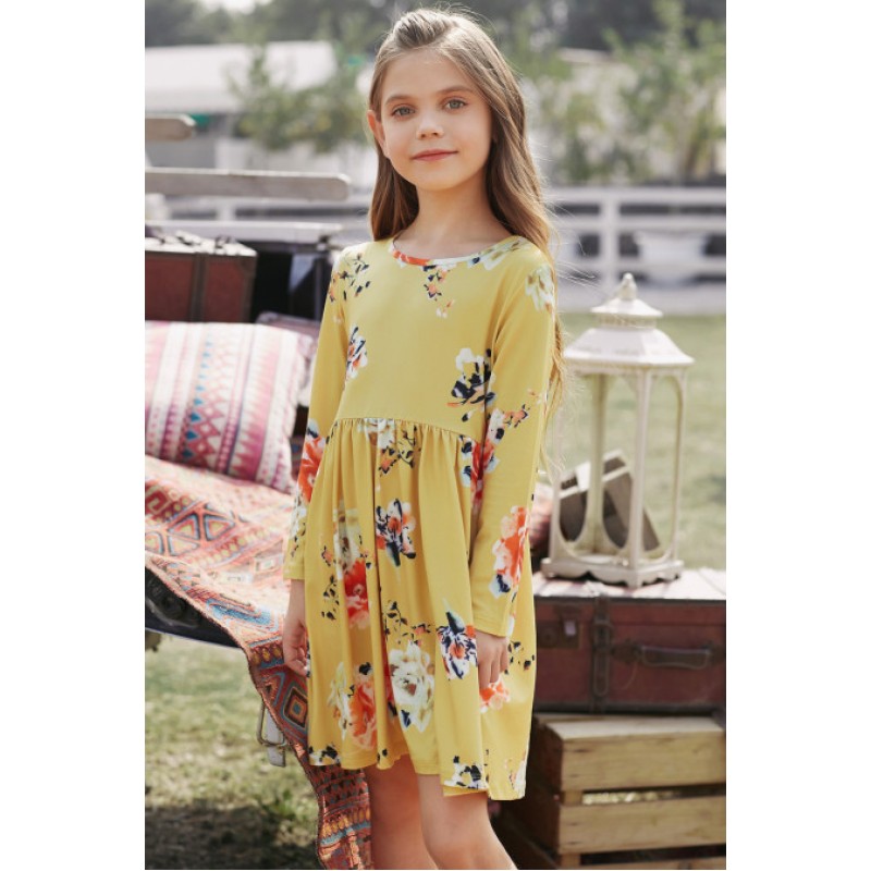 Floral Mustard Swing Dress with Hidden Pockets