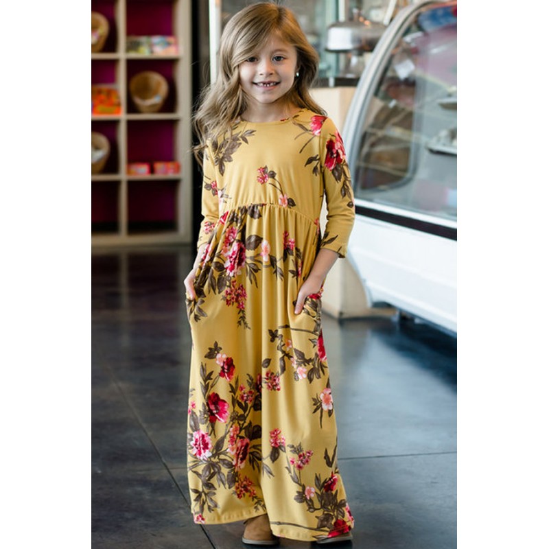 Mustard Floral Maxi Dress for Girls