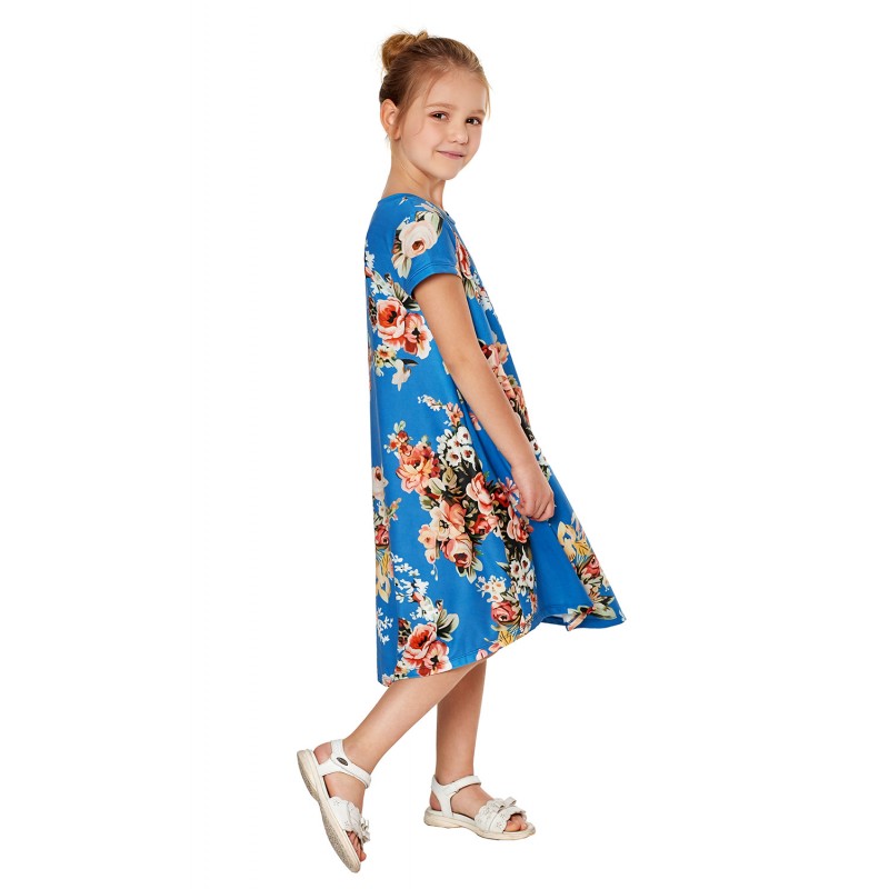 Blue Short Sleeve Floral Print Toddler Dress