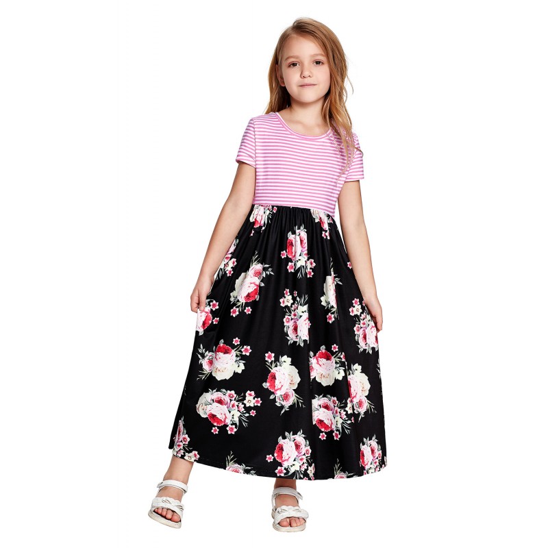 Black Striped Floral Print Little Girls Maxi Dress