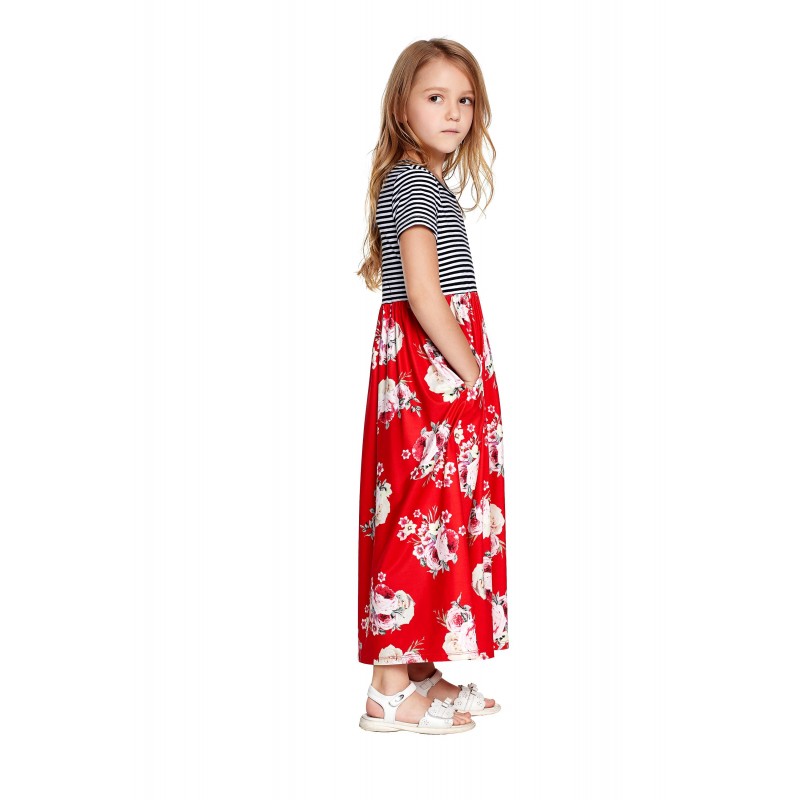 Red Striped Floral Print Little Girls Maxi Dress