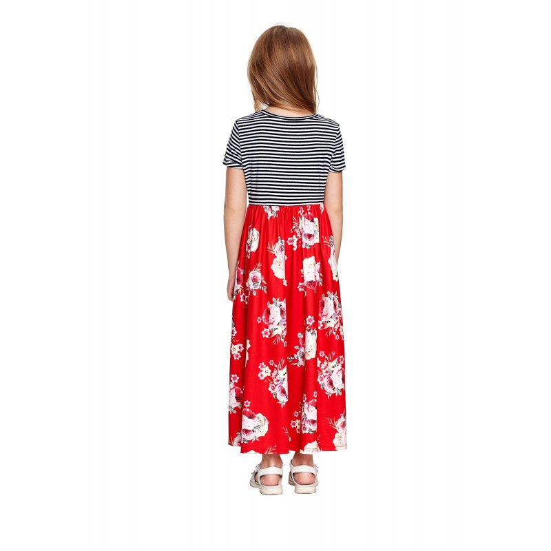 Red Striped Floral Print Little Girls Maxi Dress