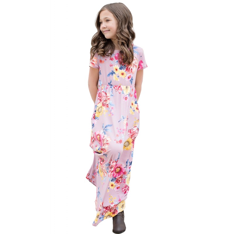 Purple Short Sleeve Floral Print Loose Casual Maxi Dress with Pockets