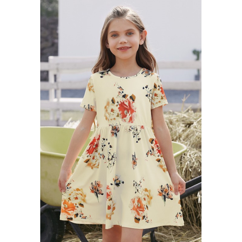 Short Sleeve Pocketed Children's Floral Dress