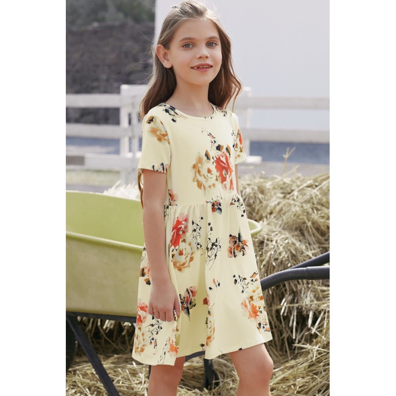 Short Sleeve Pocketed Children's Floral Dress