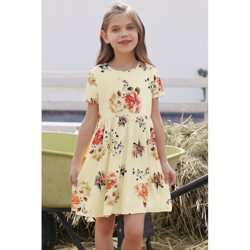 Short Sleeve Pocketed Children's Floral Dress