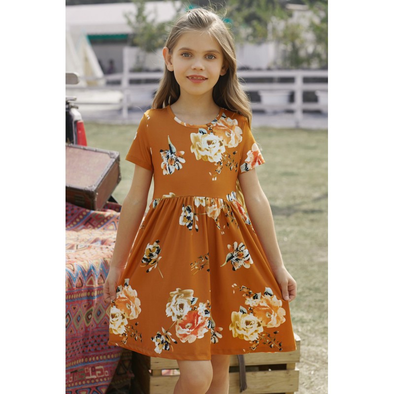 Orange Short Sleeve Pocketed Children's Floral Dress