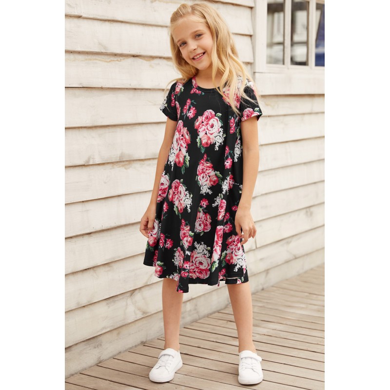 Black Floral Girls T-shirt Midi Dress