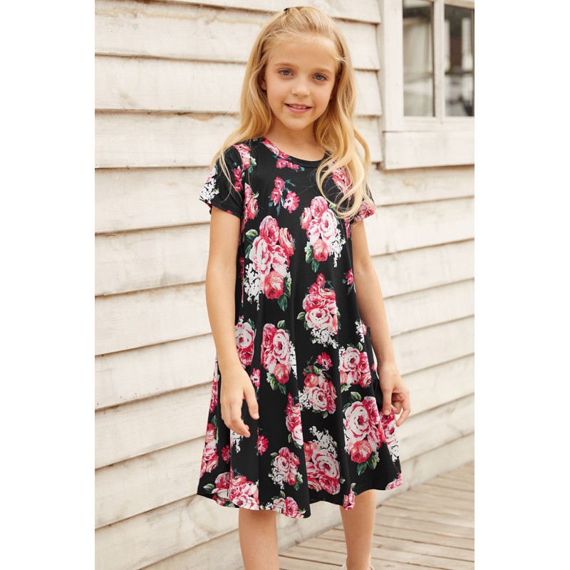 Black Floral Girls T-shirt Midi Dress