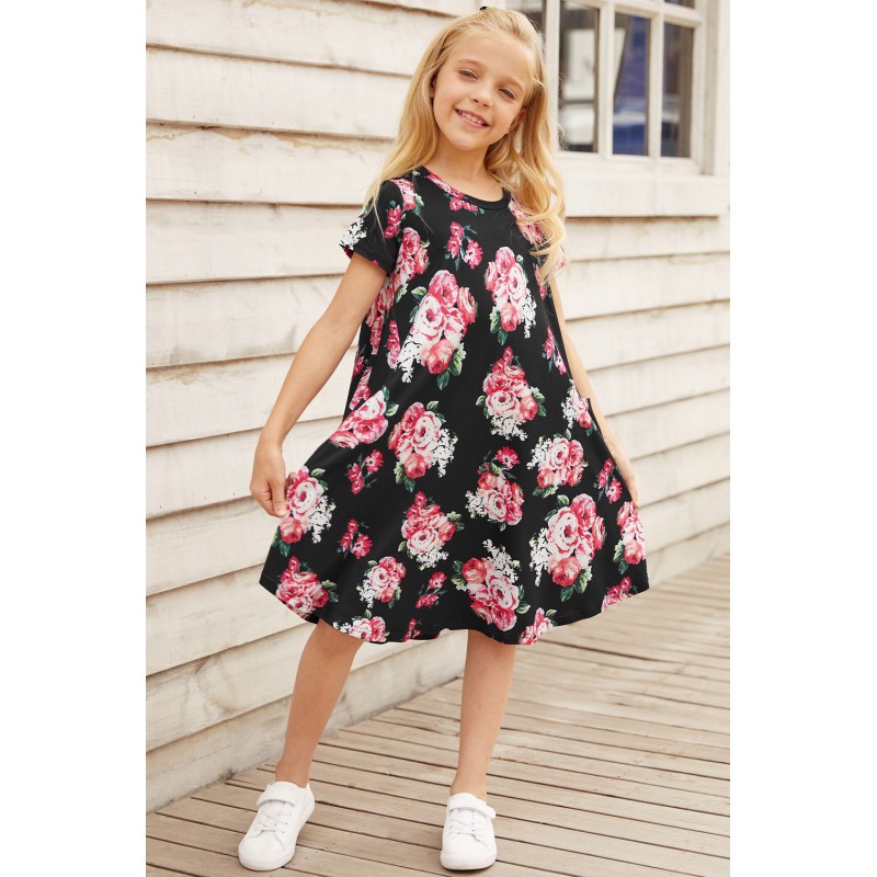 Black Floral Girls T-shirt Midi Dress