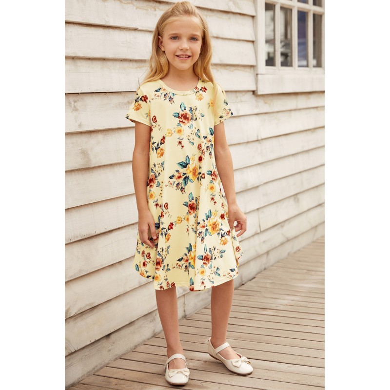 Yellow Floral Girls T-shirt Midi Dress