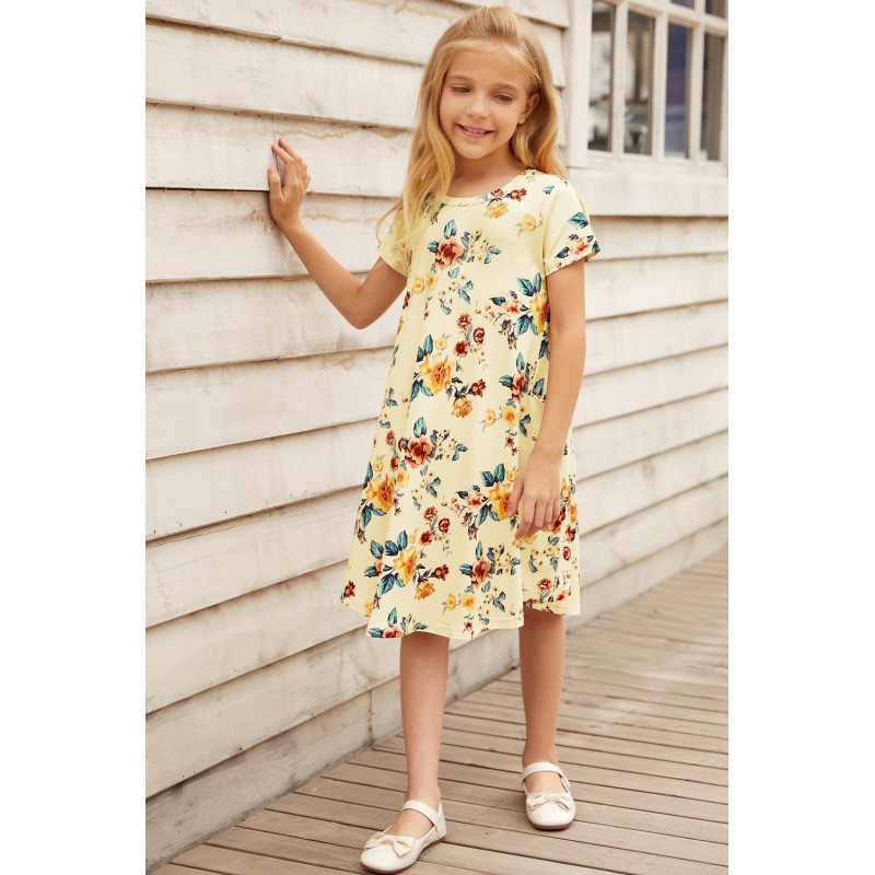 Yellow Floral Girls T-shirt Midi Dress