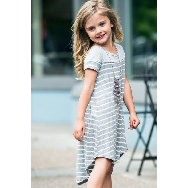 Gray Colorblock Patchwork Striped Girls’ Dress