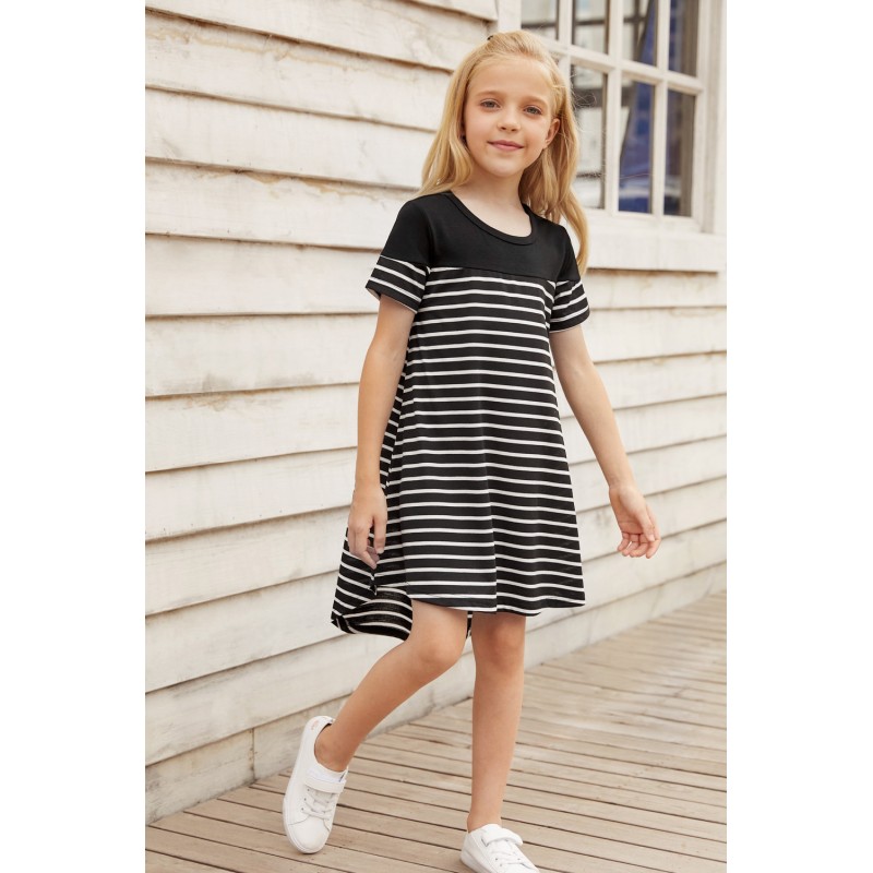 Black Colorblock Patchwork Striped Girls’ Dress