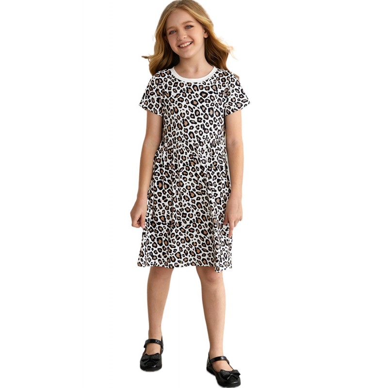 Little Girls' Leopard Print Short Sleeve Mini Dress