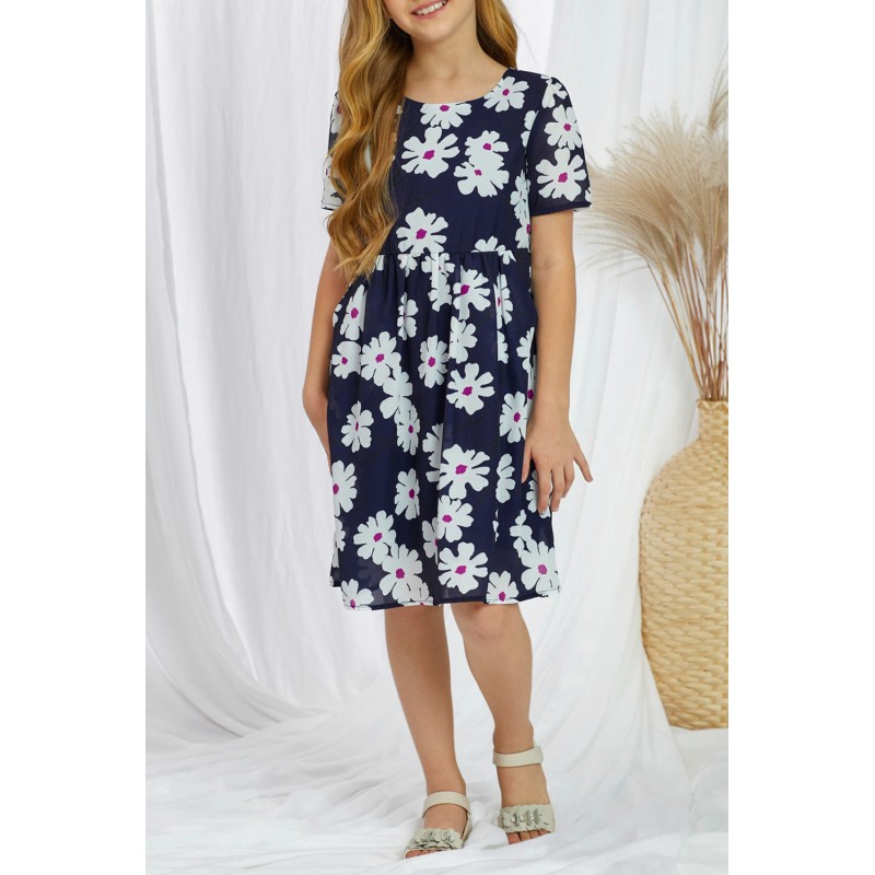 Blue Crewneck Short Sleeve Pockets Floral Girl's Midi Dress