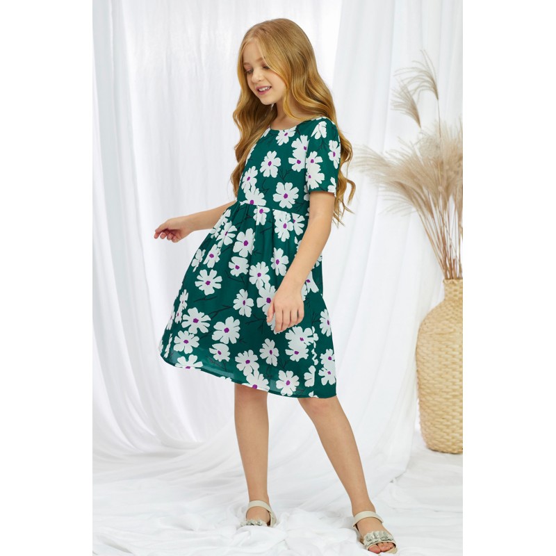 Green Crewneck Short Sleeve Pockets Floral Girl's Midi Dress