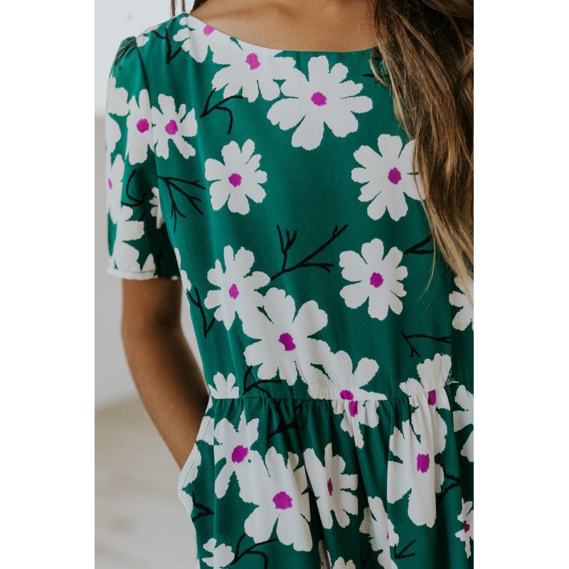 Green Crewneck Short Sleeve Pockets Floral Girl's Midi Dress