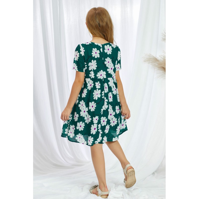 Green Crewneck Short Sleeve Pockets Floral Girl's Midi Dress