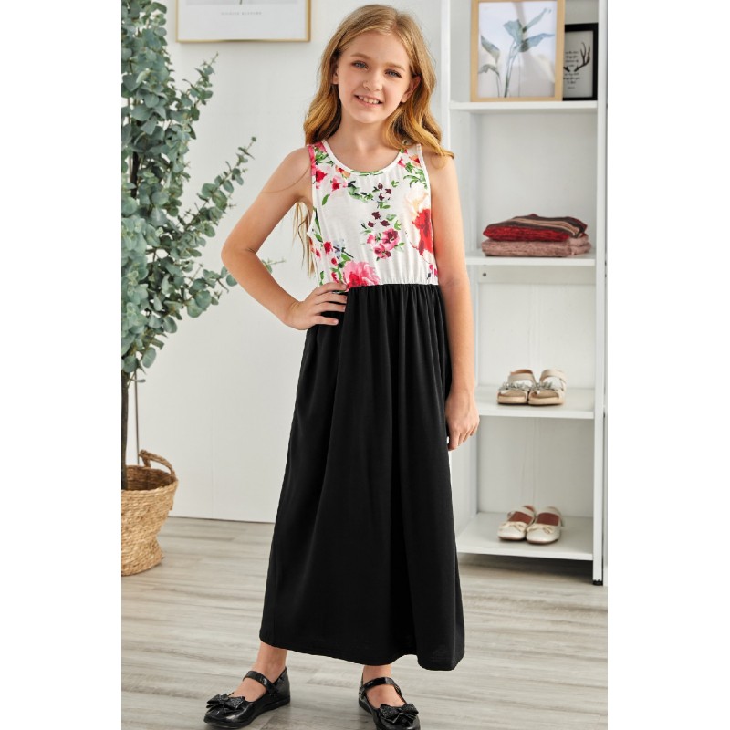 Black Crewneck Sleeveless Floral Patchwork Kids Maxi Dress