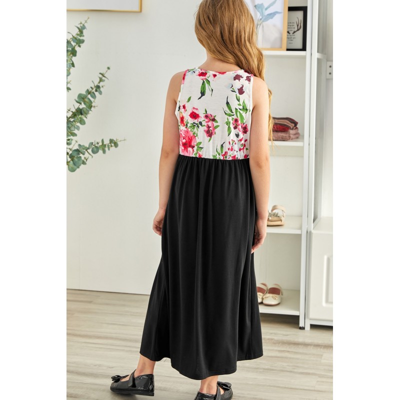 Black Crewneck Sleeveless Floral Patchwork Kids Maxi Dress