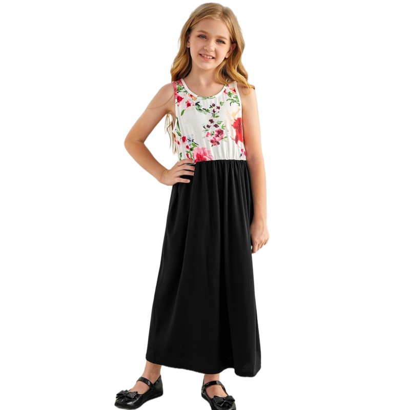 Black Crewneck Sleeveless Floral Patchwork Kids Maxi Dress