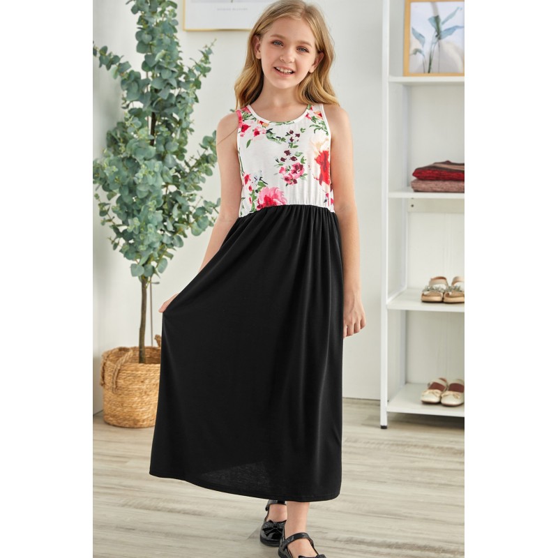 Black Crewneck Sleeveless Floral Patchwork Kids Maxi Dress