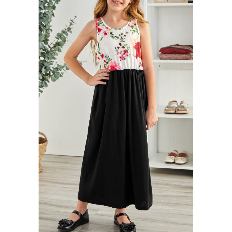 Black Crewneck Sleeveless Floral Patchwork Kids Maxi Dress