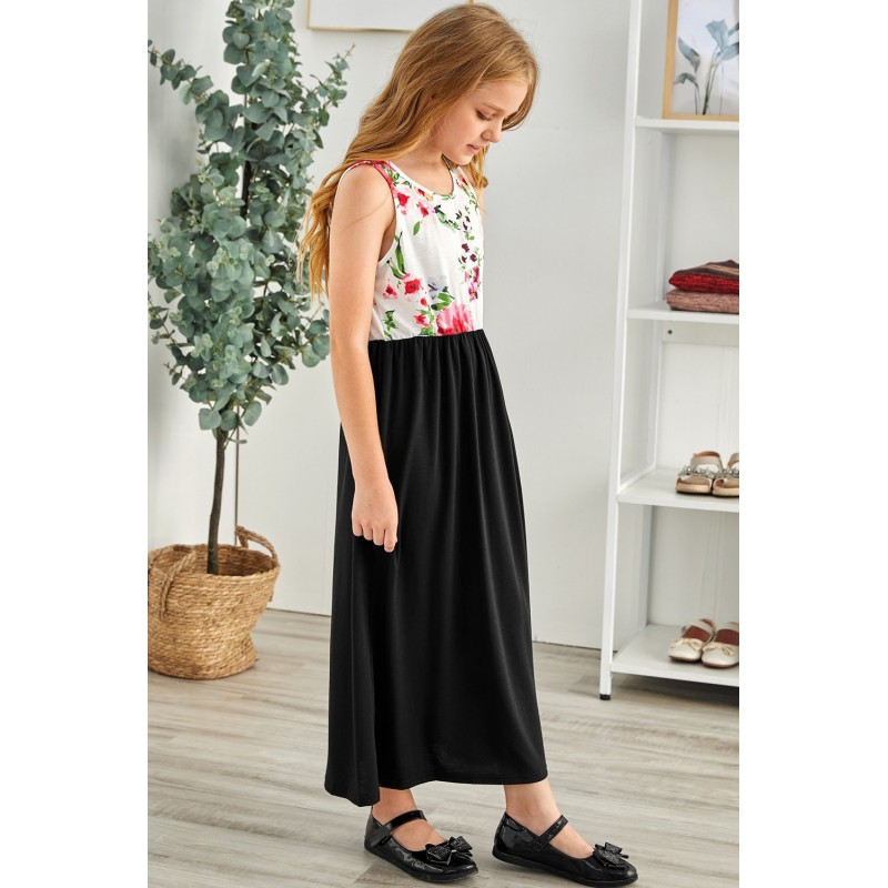 Black Crewneck Sleeveless Floral Patchwork Kids Maxi Dress