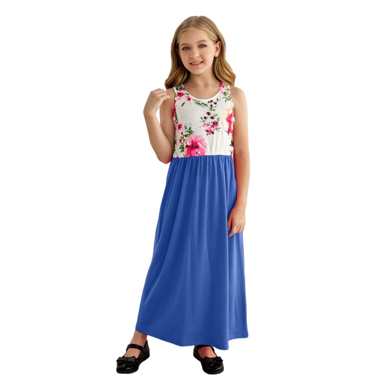 Blue Crewneck Sleeveless Floral Patchwork Kids Maxi Dress