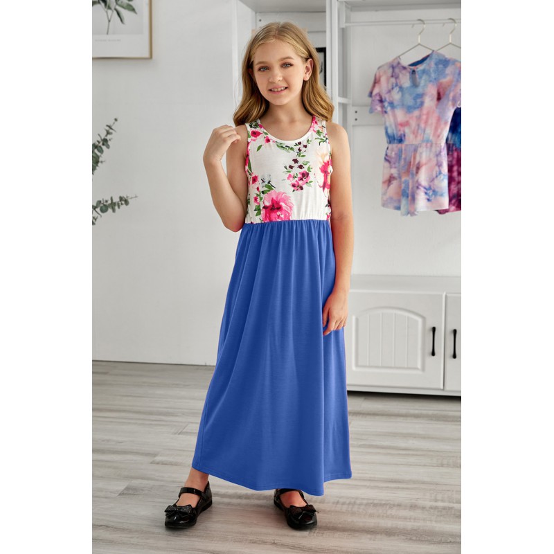 Blue Crewneck Sleeveless Floral Patchwork Kids Maxi Dress