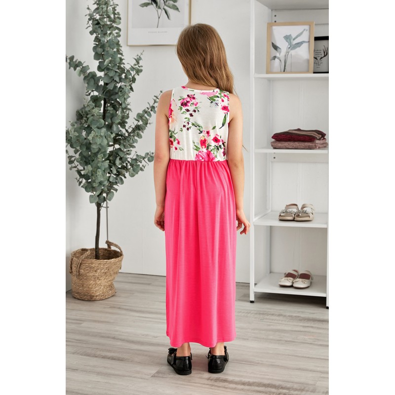 Rose Crewneck Sleeveless Floral Patchwork Kids Maxi Dress