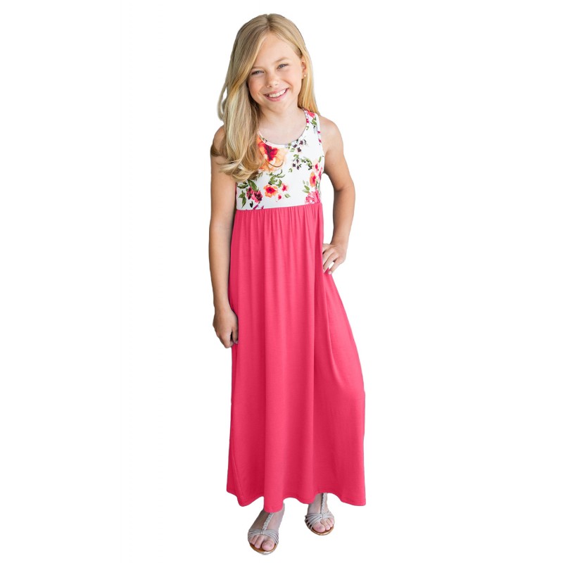 Rose Crewneck Sleeveless Floral Patchwork Kids Maxi Dress